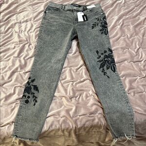 Express Gray Jeans with Black Floral Design